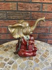 Ceramic Apropos Home Collection Elephant Statue 9 5  Red Tan Trunk Up Good Luck
