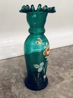 Antique Victorian Green Glass Vase Hand Blown W  Painted Enamel Rose Ruffled Top