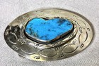 Turquoise And Solid Nickel Silver Belt Buckle  Vintage Western Style Engraved
