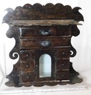 Antique Folk Art Grain Painted Jewelry Cabinet Chest Scroll Cut Pine Glass C1920