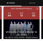 Bts World Tour Arirang 4 Tickets Allegiant Stadium Las Vegas 5 24 Sec A4