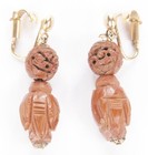 Vintage Chinese Hand Carved Hediao Nut Pit Pair Clip On Earrings Gold Plated Old