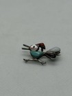 Estate Zuni Artisan Hand Crafted Sterling Silver Gem Roadrunner Brooch Pendant