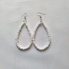 White Glass Seed Bead Teardrop Hoop Earrings Handmade Silver Tone Hook Boho Chic