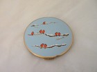 Vintage Stratton England Blue Powder Compact - Red Birds Robins On Branches