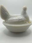 Milk Glass Hen On A  Nest Covered Dish 5  Chicken Basket Cracked - See Notes 