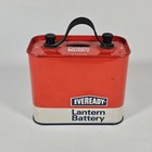 Vintage Eveready Lantern Battery Metal Coin Bank Tin Red White Advertising