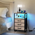 Bed Side Table With 3 Fabric Drawers  Night Stand With Charging Station  Led Nig
