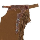 Chestnut Suede Roughout Leather Tooled Chinks With Conchos Adjustable Large