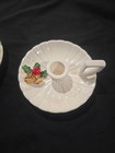  2 Vintage Christmas Ceramic Taper Candle Holders Handles Raised Holly Gold Bell