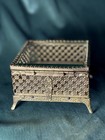Vintage Gold Ormolu Brass Filigree Jewelry Casket Box Beveled Glass Cream Velvet