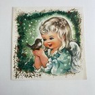 Vintage Mid Century Christmas Greeting Card Cute Angel Girl Holds Bird Green