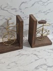 Vtg Bicycle Bookends Pair Gold Metal Wood Abstract Art Bohemian Mcm