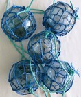 Japanese Glass Fishing Floats 3-3 5  Blue Netted Five Long Strings Vntg Usa Bz
