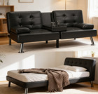 New Convertible Faux Leather Futon Sofa Bed  Folding Couch With 2 Cup Holders