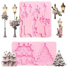 Christmas Tree Silicone Molds  Set Of 2  Street Lamp Snow House Pink-m245