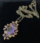 Deep Purple Necklace Victorian Revival Brass Floral Purple Rhinestone Pendant