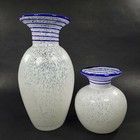 White And Blue Art Glass Vase Set With Spiraled Flared Rim Pair Of 2