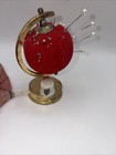 Vtg Velvet Pin Cushion Globe Spins On Metal Stand W tape  Vtg Hat Pins  Thimble