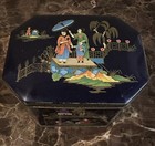 Vintage Daher Cobalt Blue Asian Style Hinged Lid Tin Box Made In England
