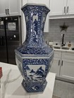 Large 22 5  Antique Chinese Blue   White Hexagonal Porcelain Vase  Stamp Look