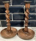 Antique English Oak Barley Twist Candle Holder Brass Cup  Victorian Set Of 2