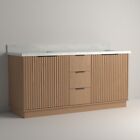 72  Light Wood Double Bathroom Vanity Cabinet W Marble Countertop   Square Sinks