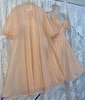 Vtg M L Rogers Sweet Ga Peach Sheer Chiffon Peignoir Robe Nightgown Negligee Set
