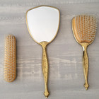Vintage 3 Piece Dresser Vanity Set Embroidered Floral Gold Tone Mirror Brushes