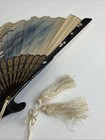 Vintage Japanese Folding Fan Landscape Black Lacquer Mop Inlay Tassel Decor