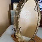 Vintage Gold Filigree Vanity Mirror Or Tray  Ornate Brass  Velvet Back 13x9 Oval