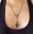 Vintage Necklace Art Deco Brass Lavalier Pendant Antique Green Czech Glass Drop