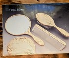 Vtg 1980s Gold Plated Vanity Dresser 3 Pc  Hair Mirror Brush Comb Set In Box