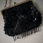 Black Beaded Evening Bag Purse W  Gold Frame Kiss Lock   Chain Strap