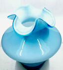 Vintage Art Glass Vase Ruffled Edge Light Blue   White Cased 6  Tall