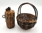 2 Vintage Hand Woven Brown Wicker Mini Baskets Cylinder With Lid   Handled