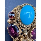 Vintage Signed Coro Fur Clip Blue Cabochon Purple Rhinestone Gold Tone