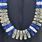 Graduation Money Lei 35 Crisp New Bills Folded Blue   White  W  Blue Beads