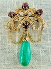 Antique 14k Gold Art Nouveau Garnet Seed Pearl Jade Drop Brooch Pendant 8 2g