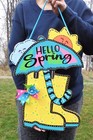 Hello Spring 18  Sign Wooden Rainboots Umbrella Wall Art Door Hanger Plaque