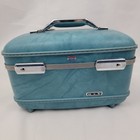 American Tourister Blue Train Case Makeup Tray Mirror Pouch Hard Shell Vtg Read