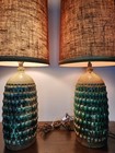 Pair Mcm Pottery Lamps Green Drip Glaze - Fantoni Style Brutalist -all Original 
