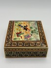 Vtg Persian Lacquered Wooden Inlaid Khatam Marquetry Hunting Scene Trinket Box