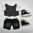 Build A Bear Rare Grey Pinstripe Vest Top Denim Belt Jeans Shoes Teddy Set- Read