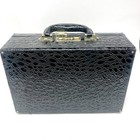 Vintage Black Faux Alligator Trifold Makeup Train Case Vanity Box Mirror Strap