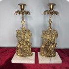 Antique Girandole Set Ornate Brass And Marble Candelabra With Crystal Prisms