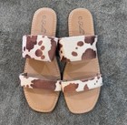 Women   s Brown Cream Cow Print Slide Sandals Size 11 Wide