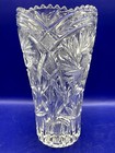 Vintage Lead Crystal Vase Pinwheel Etched Star Pattern Cut Glass Sawtooth Rim