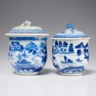 Antique Chinese Blue Canton Export Willow White Porcelain Lidded Teacups Pair