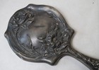 Art Nouveau Repousse Silver Plated Hand Mirror Trumpet Lily Flowers Victorian